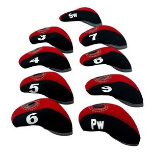 9pc Neoprene Golf Iron Headcovers Set Red Black Clear Window 3-9‎ PW SW Sports